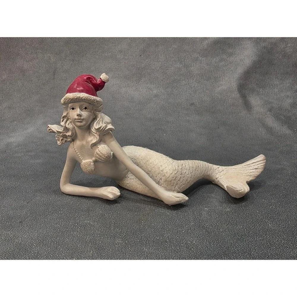 Coastal Christmas Mermaid Figurine Santa Hat Nautical Holiday Decor 8.5 Inch